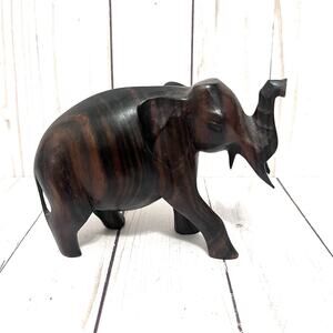 Handcarved Wooden ELEPHANT Trunk Up 4" Tall Dark Wood